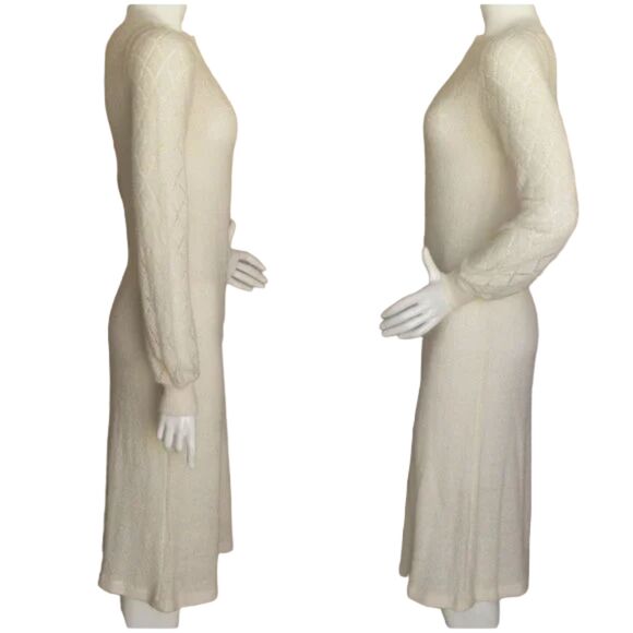 Vintage Knit Midi Dress, S, Ivory Acrylic, Long sleeves, Pointelle, 70s - Picture 5 of 13